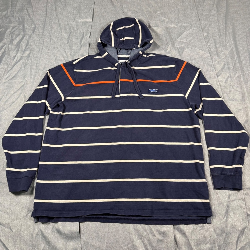 LL Bean Hoodie Mens XXL Blue Striped Traditional Fit Hooded Rugby Shirt L/S
